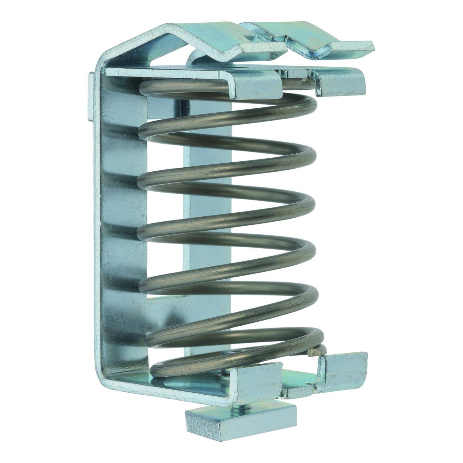 Eine Metallfeder ist in einer rechteckigen Metallhalterung eingebettet. Die Feder ist gewickelt und vertikal innerhalb der Struktur positioniert.