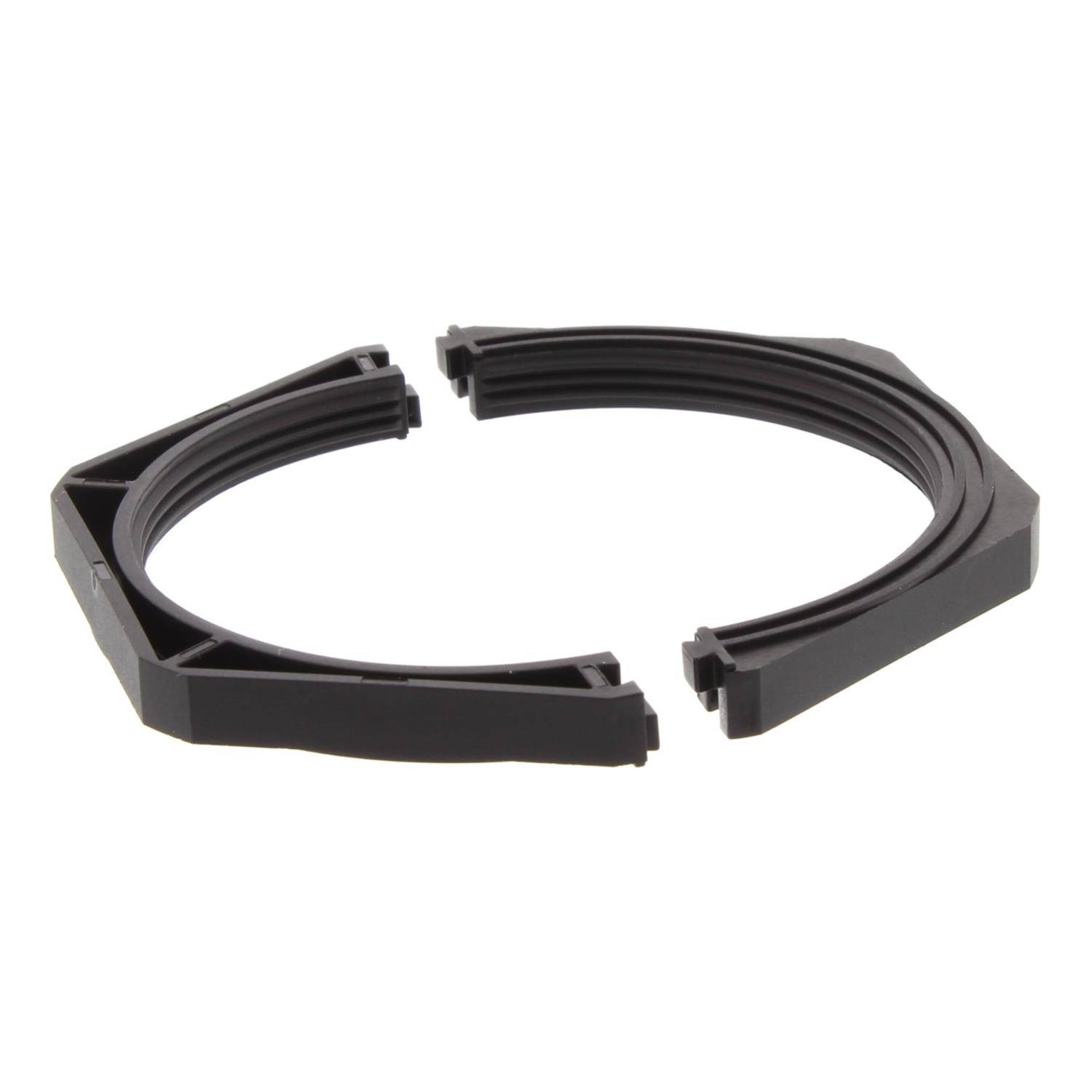 Ein schwarzer Kunststoffhalter, kreisförmig und in zwei Hälften segmentiert, mit Rinnendesign und Ausrichtungszungen an jedem Ende.