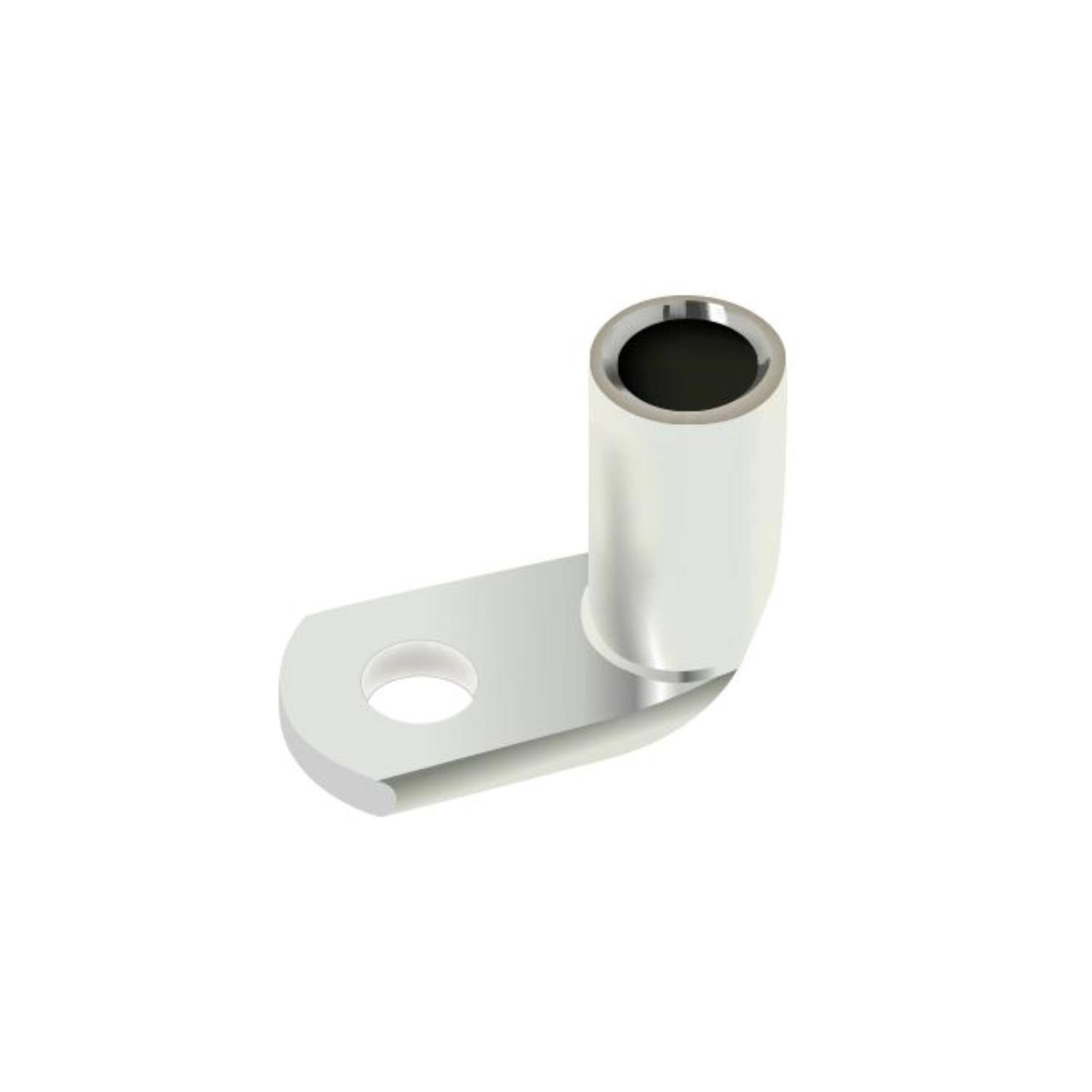 Eine silber- und weißfarbene Metallscharnierklemme mit einem zylindrischen Drehpunkt und einer flachen, L-förmigen Montageplatte mit einem kreisrunden Loch.