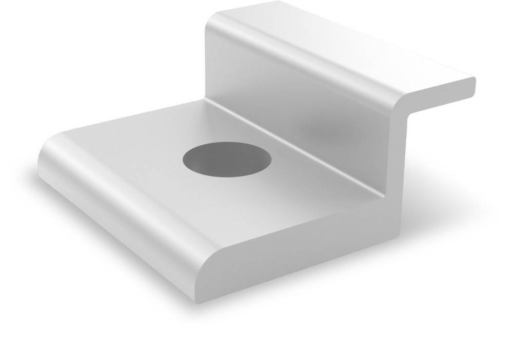 Eine kleine, silberne, L-förmige Metallhalterung mit einem kreisrunden Loch in der Mitte.