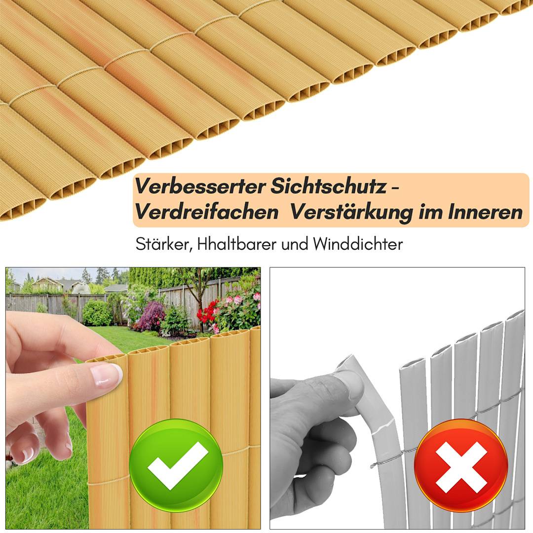 Verbesserte Sichtschutzanlage - dreifache Verstärkung im Inneren.' Oben: Detail des Bambuszauns. Unten links: Zaun, der mit Grünpflanzen verschmilzt. Unten rechts: Fehlerhafte Installation mit Warnungssymbol.