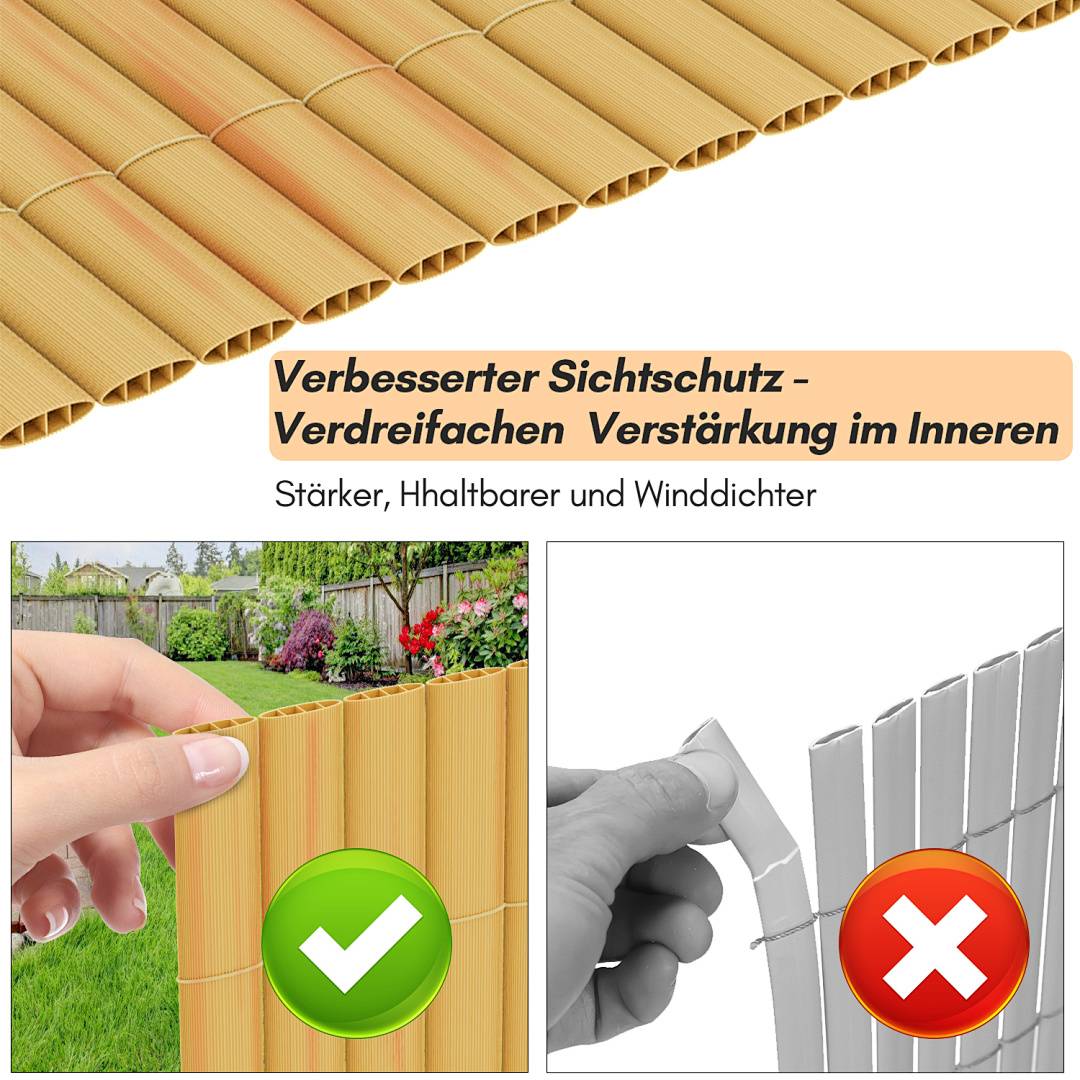 Vergleichsanzeige für Bambuszaun: Links zeigt verstärkte Bambusblende mit grünem Häkchen für bessere Privatsphäre, Festigkeit und Windbeständigkeit; rechts zeigt minderwertige Version mit rotem X.