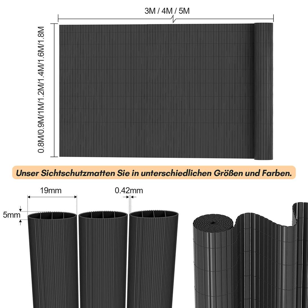 Das Bild zeigt schwarze Sichtschutzrollen in verschiedenen Größen, von 3 bis 5 Meter Breite und 0,8 bis 1,8 Meter Höhe. Text auf Deutsch besagt: „Unsere Sichtschutzmatten in verschiedenen Größen und Farben.