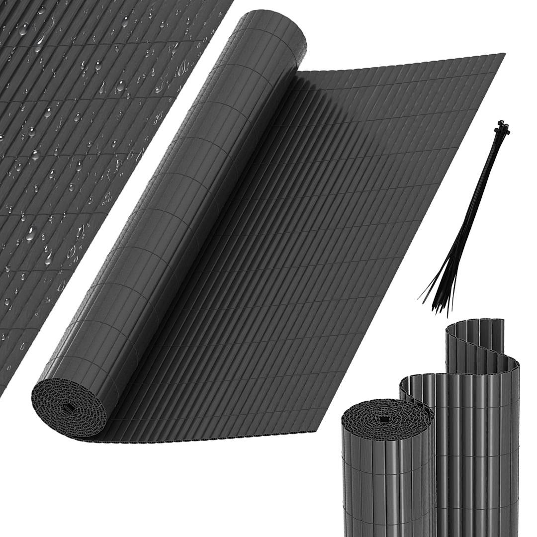 Ein ausgerollter schwarzer Plastik-Gartenzaun mit gebündelten Rollen, der seine Flexibilität und Haltbarkeit veranschaulicht, neben Kabelbindern für die Installation.