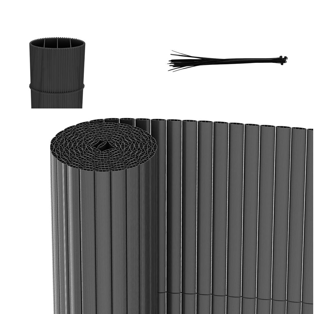 PVC-Abdeckplane für Pool, Farbe schwarz, ausgerollt und teilweise aufgerollt gezeigt, mit schwarzen Kabelbindern zur Befestigung.