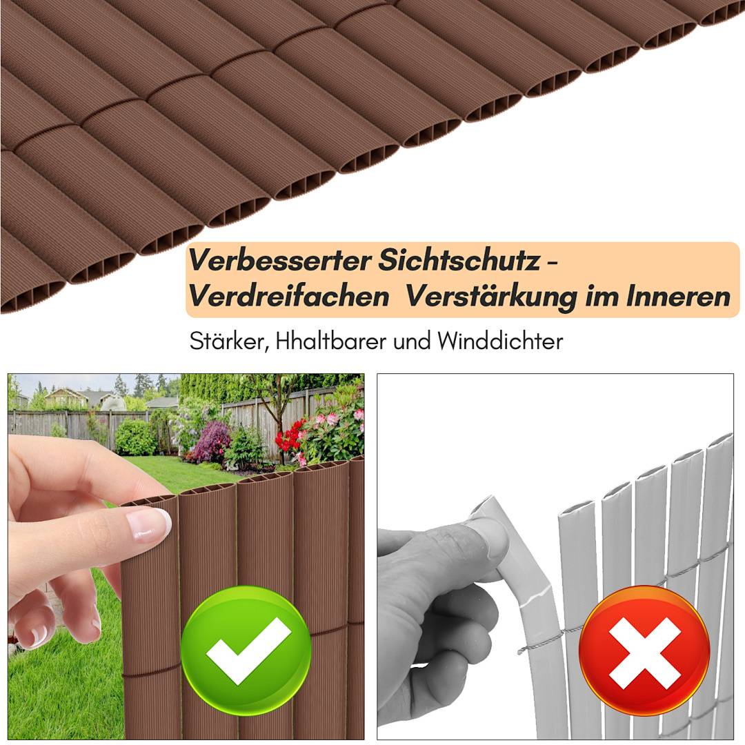 Das Bild zeigt einen dunkelbraunen Sichtschutz, der an einem Zaun installiert wird. Er ist aufgrund interner Verstärkung stärker und langlebiger.
