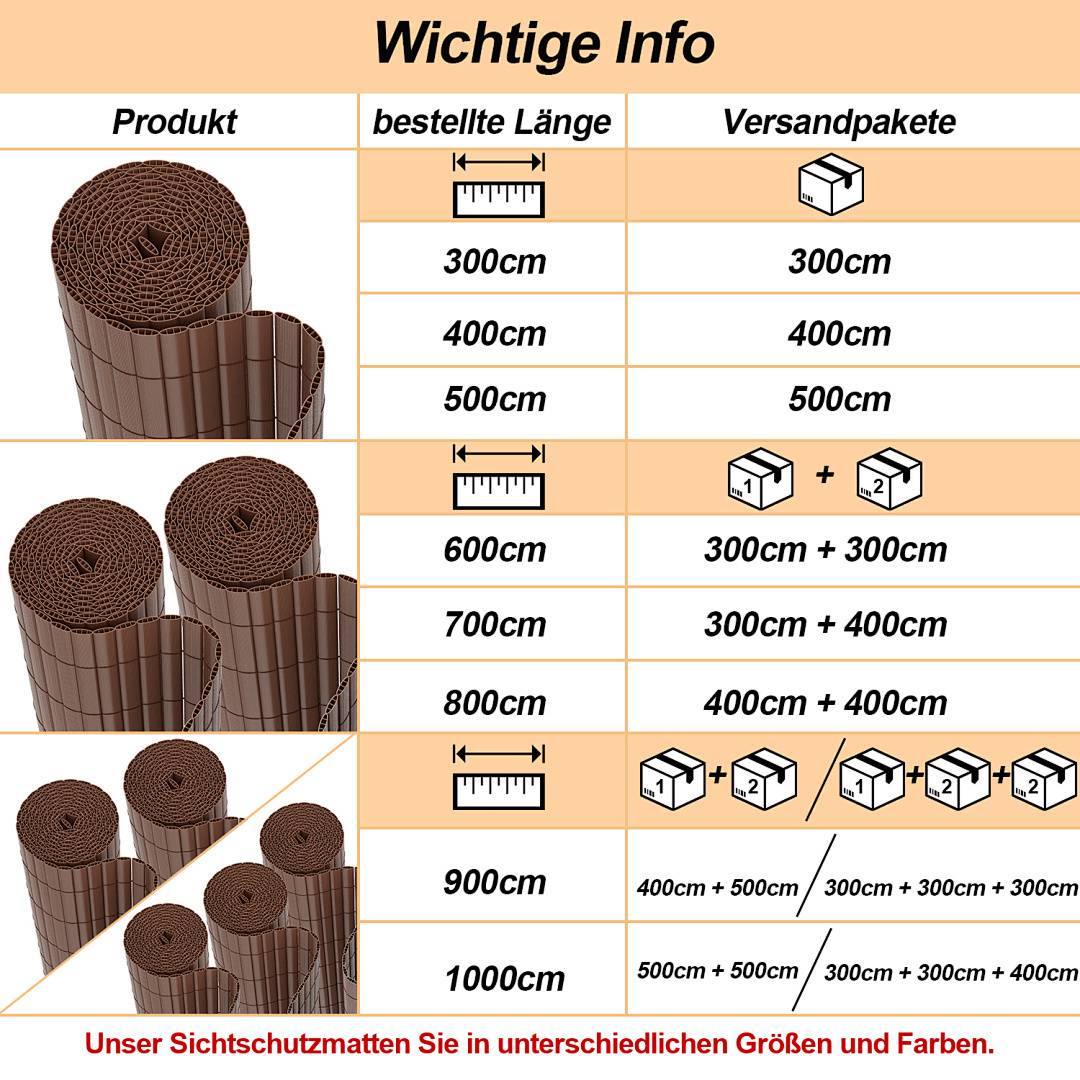 Eine Tabelle listet Produktlängen neben Verpackungsinformationen auf, einschließlich Abmessungen und Kombinationen. Der Text am unteren Ende betont verschiedene Größen und Farben.