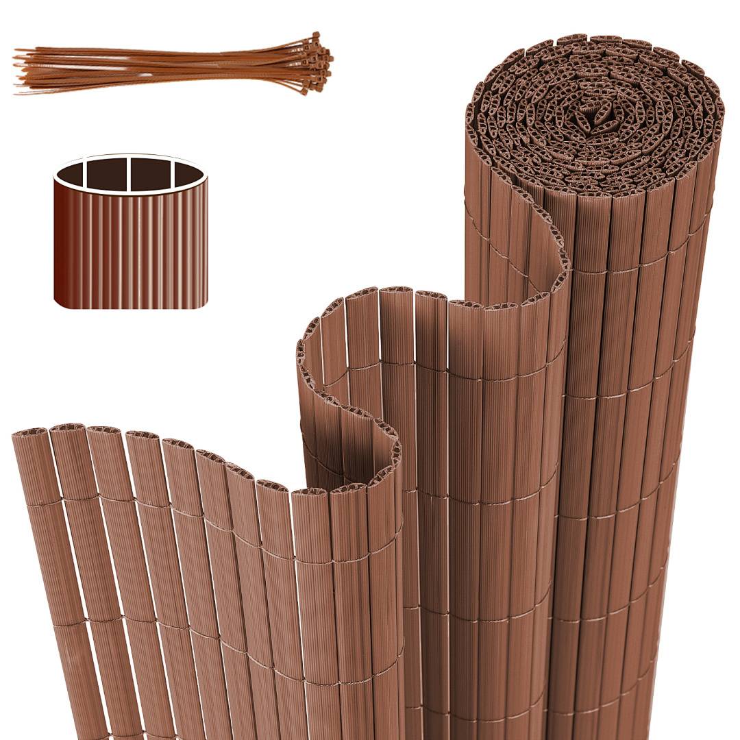 Eine Rolle aus braunem Bambuszaun, teilweise ausgerollt und in drei Ansichten dargestellt: Draufsicht, Kante und diagonal, wodurch Textur und Design hervorgehoben werden.