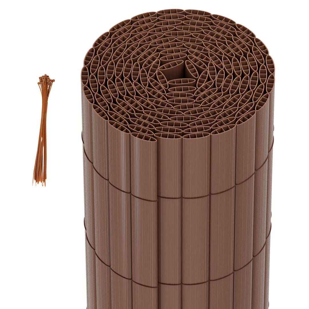 Eine große Rolle aus braunem Kabelrohr mit einem Bündel brauner Kabelbinder daneben, verwendet zum Organisieren und Schützen von Kabeln und Leitungen.