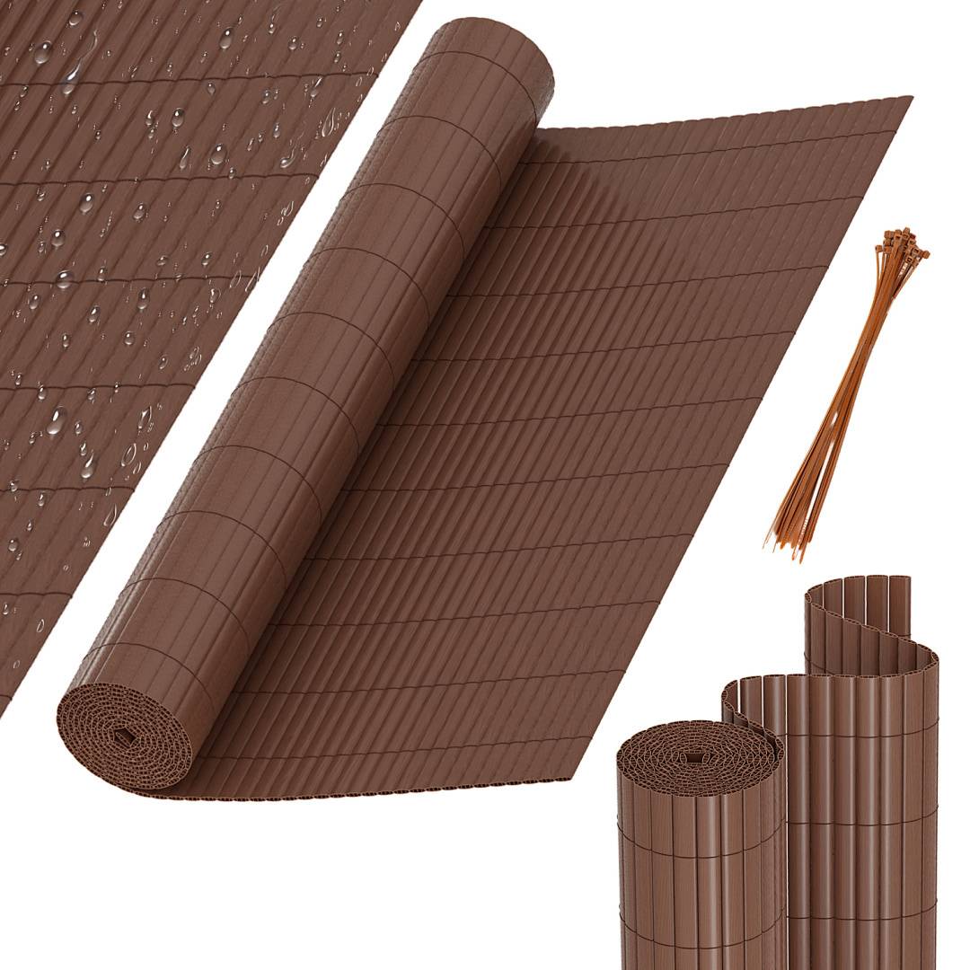 Eine ausgerollte braune Schilfmatte, die ihre Dicke und Textur zeigt; enthält Kabelbinder für die Installation und zwei kleinere zusammengerollte Matten.