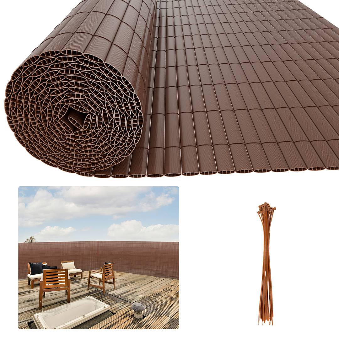 Eine Rolle braunes Outdoor-Terrassenmaterial, eine Dachterrasse mit Gartenmöbeln, die mit dem Terrassendeck ausgestattet ist, und ein Stapel Kabelbinder.