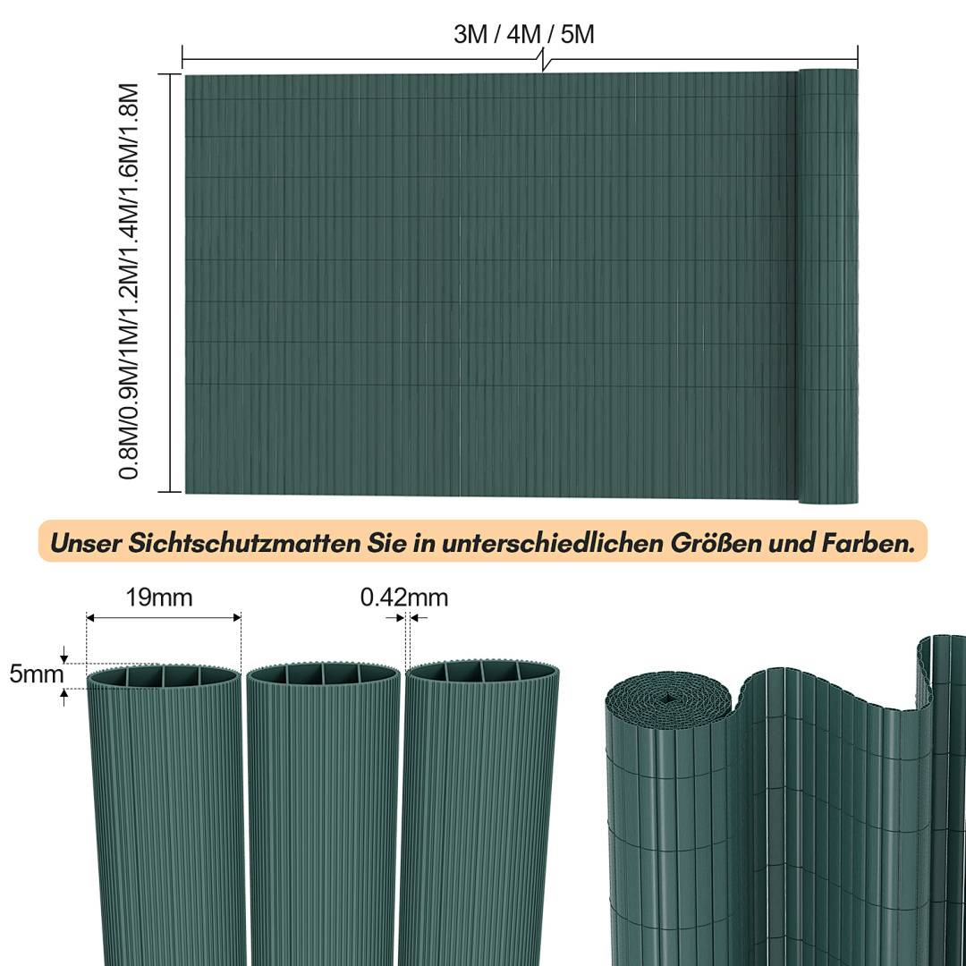 Eine grüne Sichtschutzmatte mit Höhen von 0,8 m bis 1,8 m und Breiten von 3 m, 4 m oder 5 m, ausgerollt. Text im Bild: 