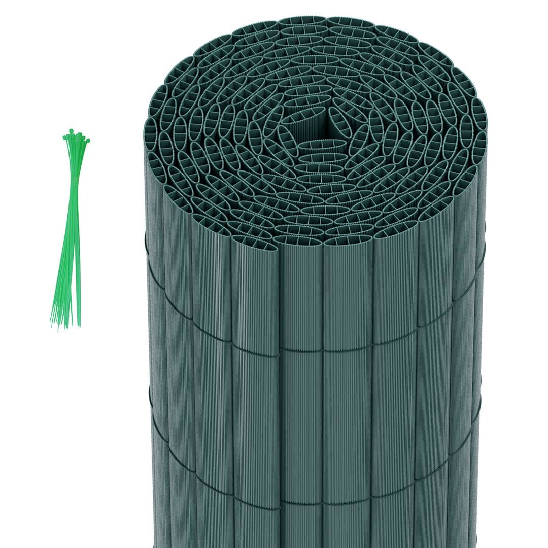 Eine Rolle aus dunkelgrünem Gartenzaunnetz ist vertikal platziert und links davon liegt ein Bündel grüner Kabelbinder.