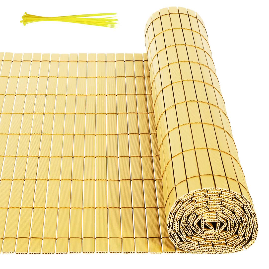 Gelbes Gartennetz-Rolle mit Kabelbindern, teilweise ausgerollt und Textur und Struktur zeigend, verwendet zur Pflanzenunterstützung oder als Zaun.