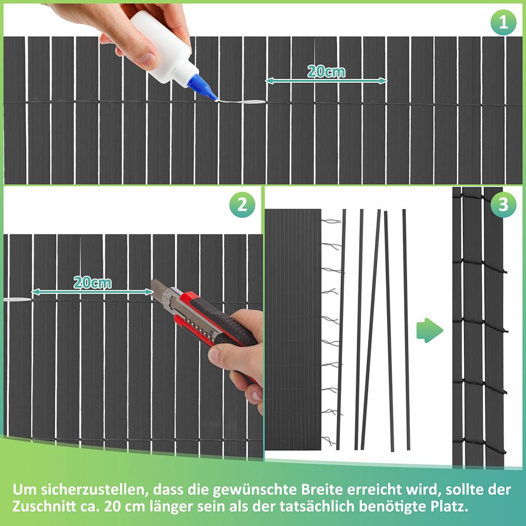 Visuelle Anleitung zum Messen und Schneiden eines Materials, das 20 cm länger als benötigt ist. Werkzeuge umfassen Klebstoff, Maßband und Cutter. Stellen Sie die richtige Breite sicher, indem Sie vor dem Schneiden zusätzliche Länge hinzufügen.