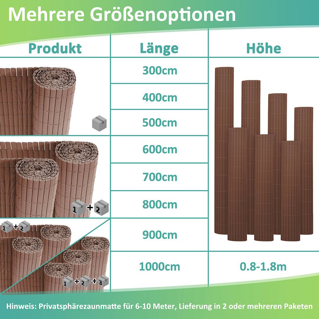 Mehrere Größenoptionen Bambus-Sichtschutz mit Längen: 400cm, 500cm, 600cm, 700cm, 800cm, 900cm, 1000cm; Höhen: 0,8-1,8m.