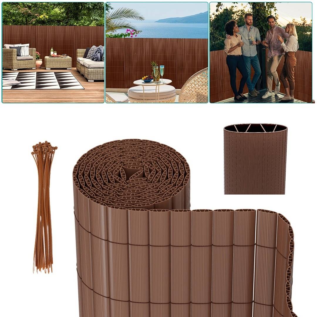 Eine braune Schilfmatte auf Rolle mit Bindungen, dargestellt als Balkon-Sichtschutz, Terrassen-Trennwand und Garteneinfassung. Bietet natürliche Outdoor-Dekoration.