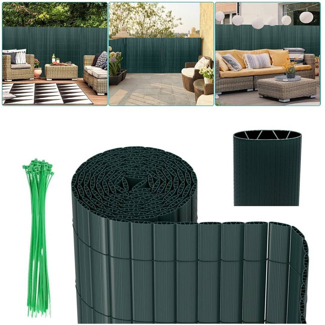 Sichtschutzwände für Terrassen in Grün mit Rattanmöbeln und Kissen für den Außenbereich. Inkludiert aufgerollte Sichtschutzfolie und Kabelbinder für die Installation.