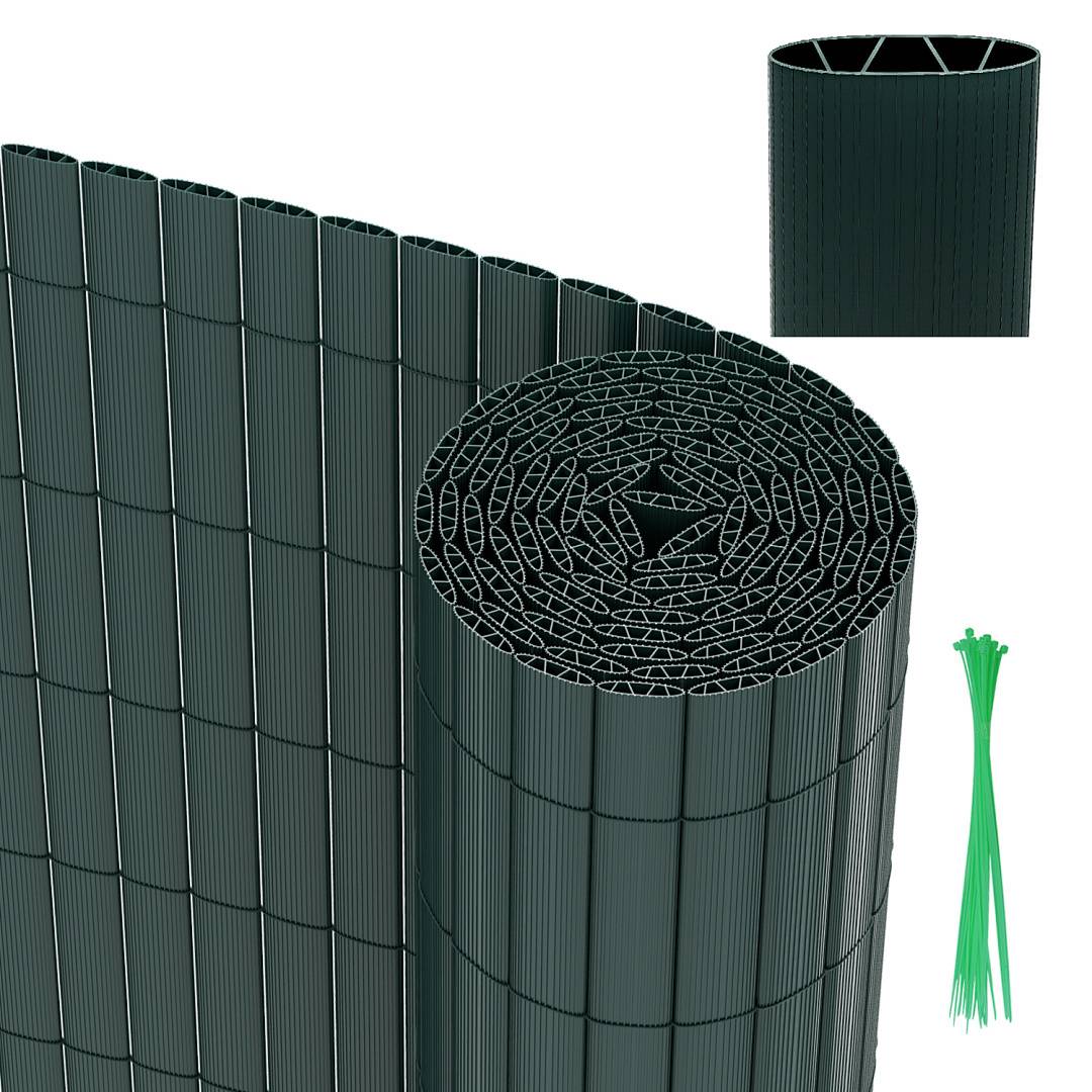Grüne Garten-Sichtschutzrolle, 1x3 Meter, mit Nahaufnahme der Maschen-Textur im Einschub. Inklusive grüner Kabelbinder.