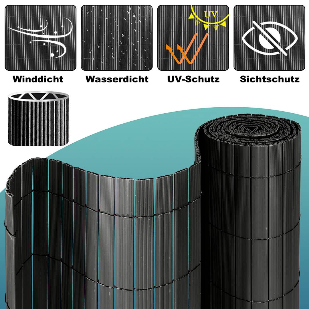 Das Bild zeigt eine aufgerollte Matte und veranschaulicht ihre Eigenschaften: 'winddicht', 'wasserdicht', 'UV-Schutz', 'sichtschutz'.