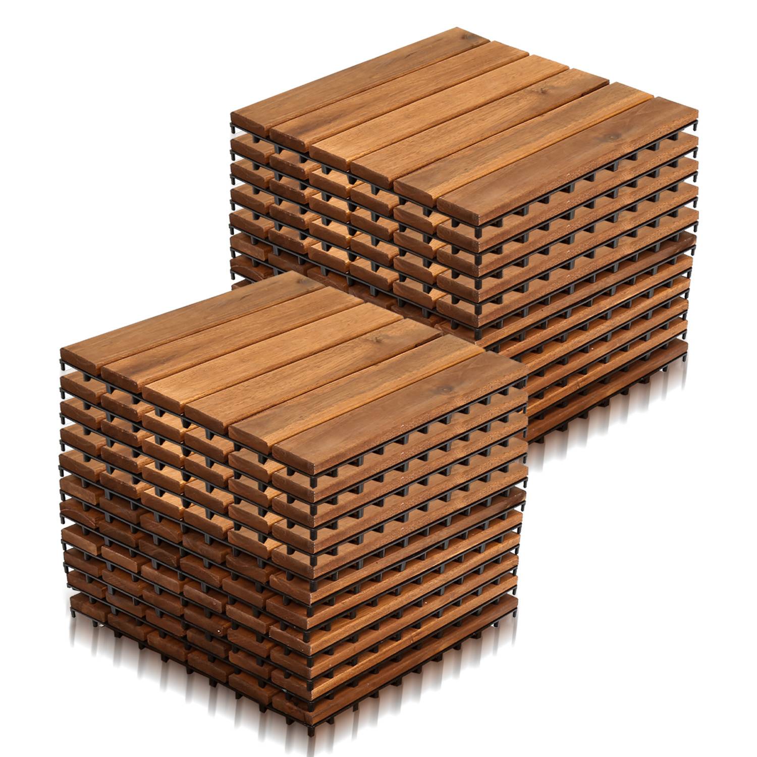 Zwei Stapel von Holzplanken, die jeweils aus gleichmäßigen Schichten bestehen, werden nebeneinander platziert. Das Holz ist gleichmäßig geschnitten und poliert, wobei eine saubere Ausrichtung betont wird.