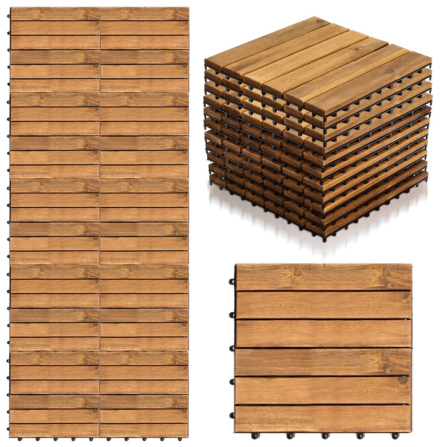 Sechzehn ineinandergreifende Außen-Holzdeckdielen, dargestellt als vollständiger Satz, einzelne Fliese und Stapel, mit glatter Holzoberfläche.