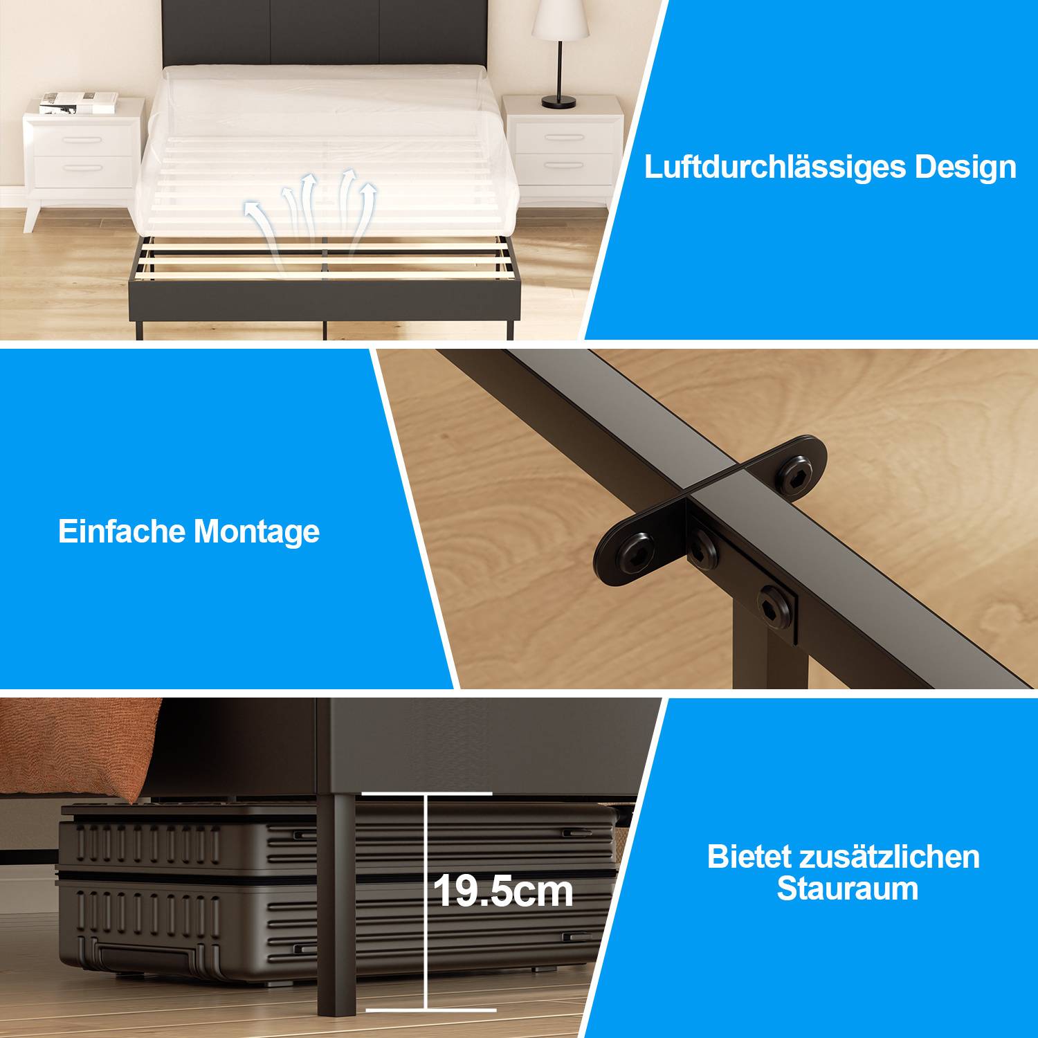 Bettgestell mit luftdurchlässigem Design, einfacher Montage und 19,5 cm Stauraum darunter. Enthält eine Nahaufnahme der Rahmenfugen.