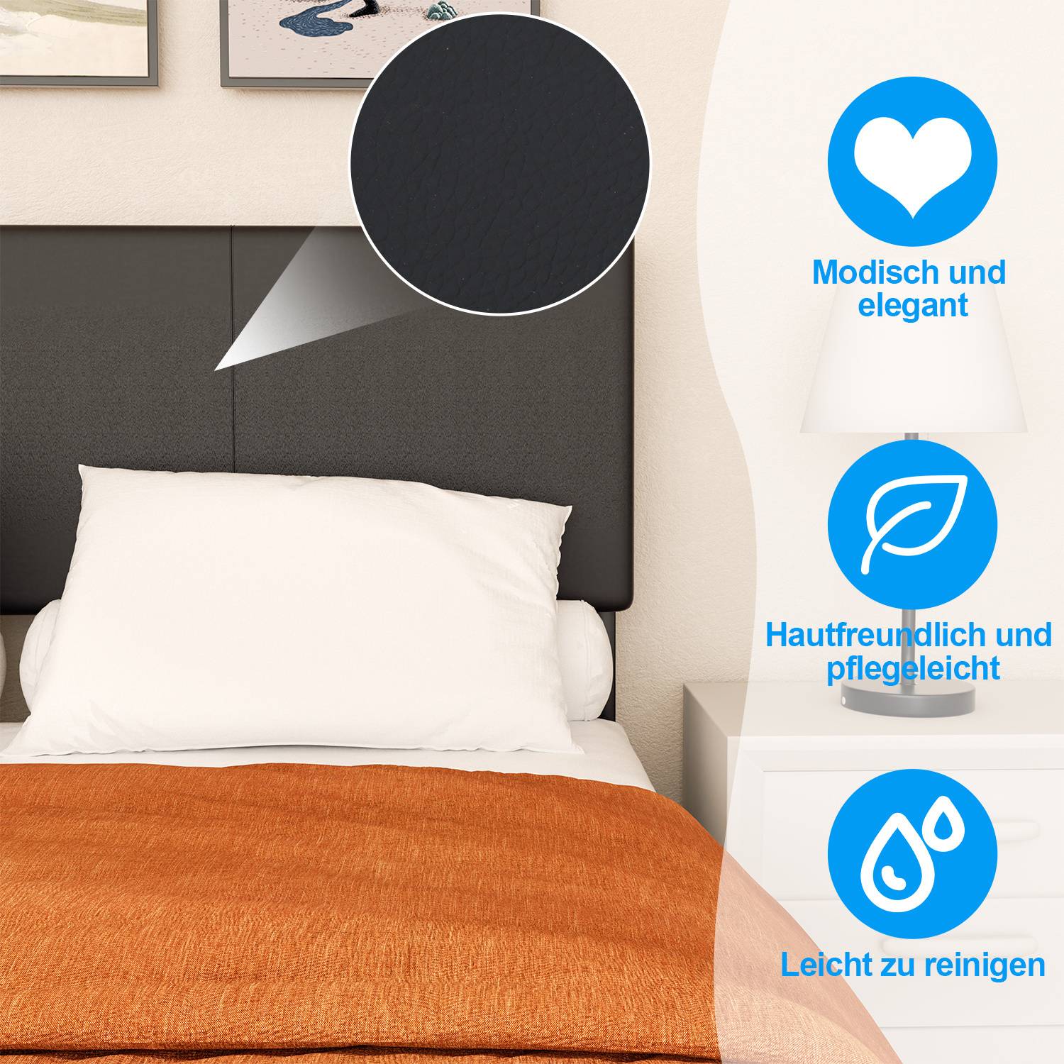 Ein Bett mit einem schwarzen Kopfteil, weißer Bettwäsche und einer orangefarbenen Decke. Symbole zeigen, dass das Kopfteil stilvoll, hautfreundlich und leicht zu reinigen ist.