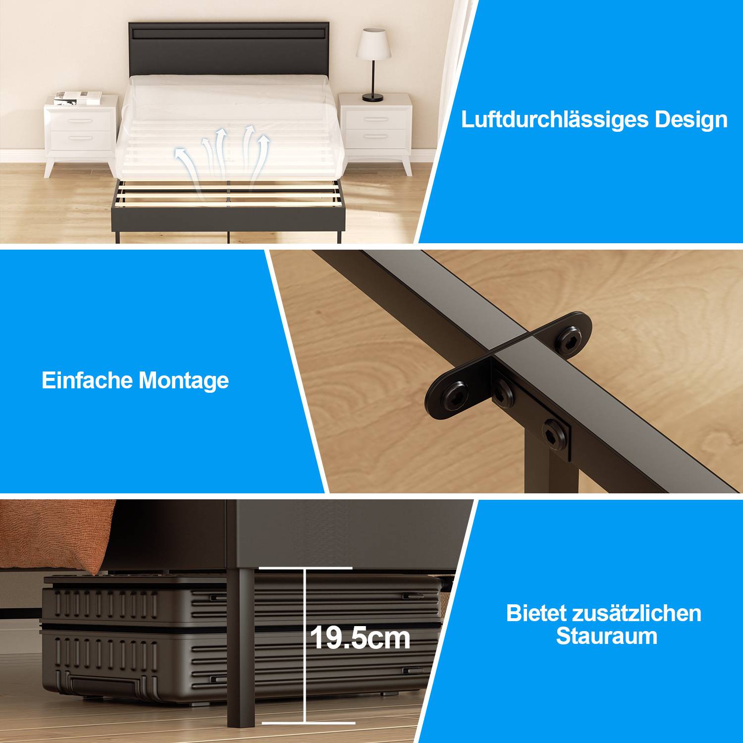 Das Bild zeigt einen Bettrahmen, der folgende Merkmale hervorhebt: 'Luftdurchlässiges Design', 'Einfache Montage', 'Bietet zusätzlichen Stauraum' mit 19,5 cm Bodenfreiheit.