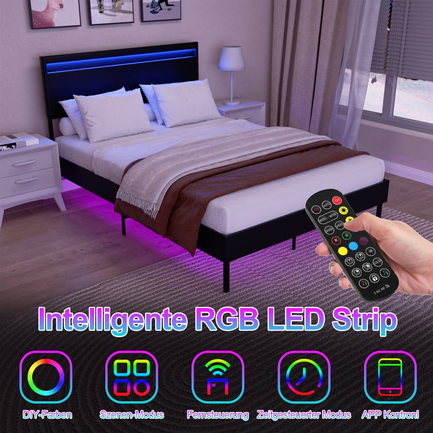 Modernes Schlafzimmer mit ambientem RGB-Beleuchtung von einem LED-Streifen rund um das Bett. Eine Fernbedienung befindet sich im Vordergrund und hebt verschiedene Beleuchtungsoptionen hervor.