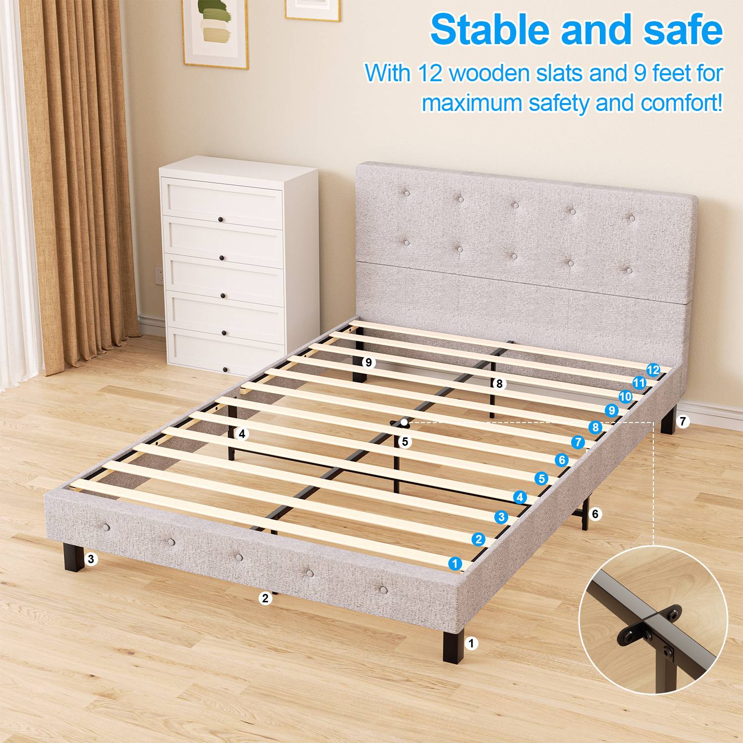 Ein grau gepolsterter Bettrahmen mit 12 nummerierten Holzlatten für Stabilität. Beinhaltet eine weiße Kommode und gerahmte Wandkunst im Zimmer.