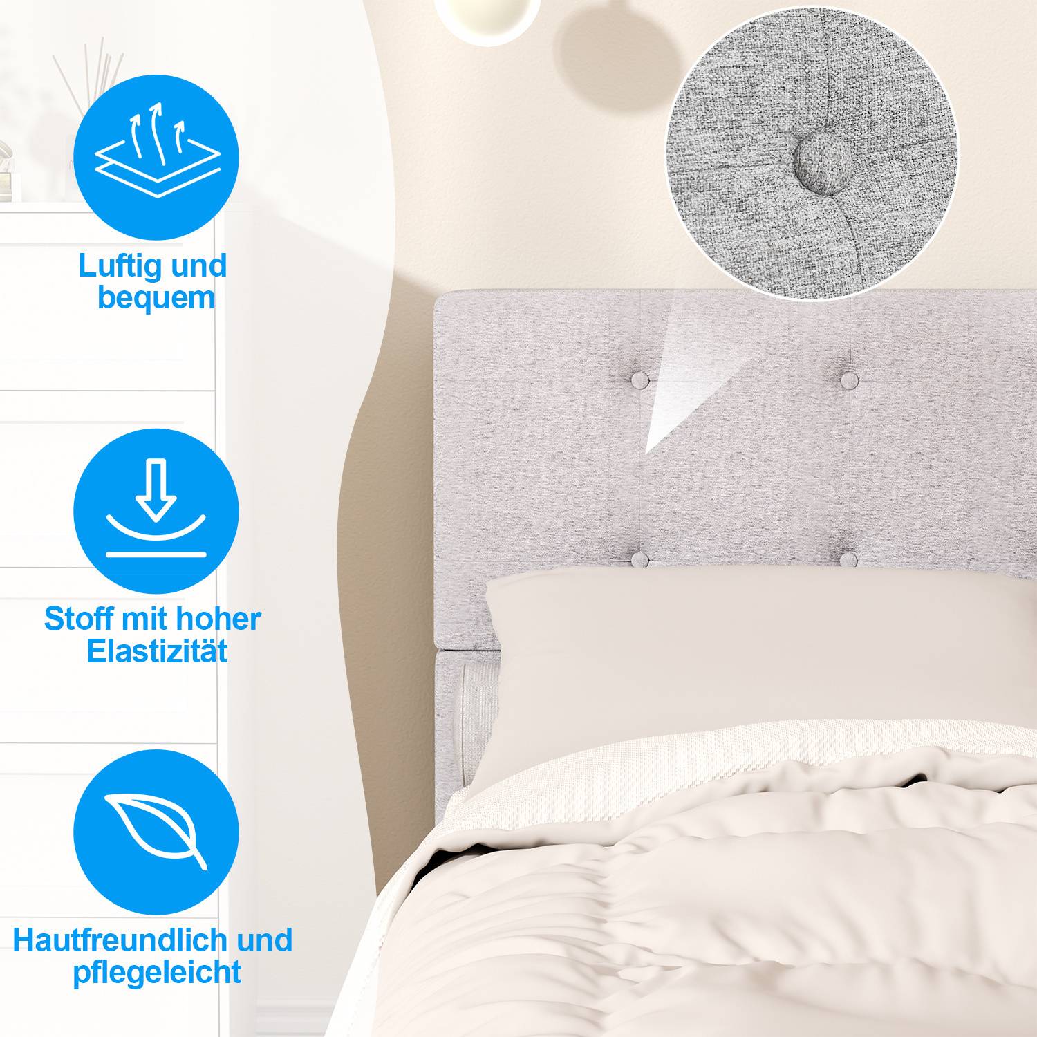 Getuftetes graues Kopfteil neben rundem Stoff-Close-up; deutsche Textmarkierungen über Atmungsaktivität, Elastizität und Hautfreundlichkeit.