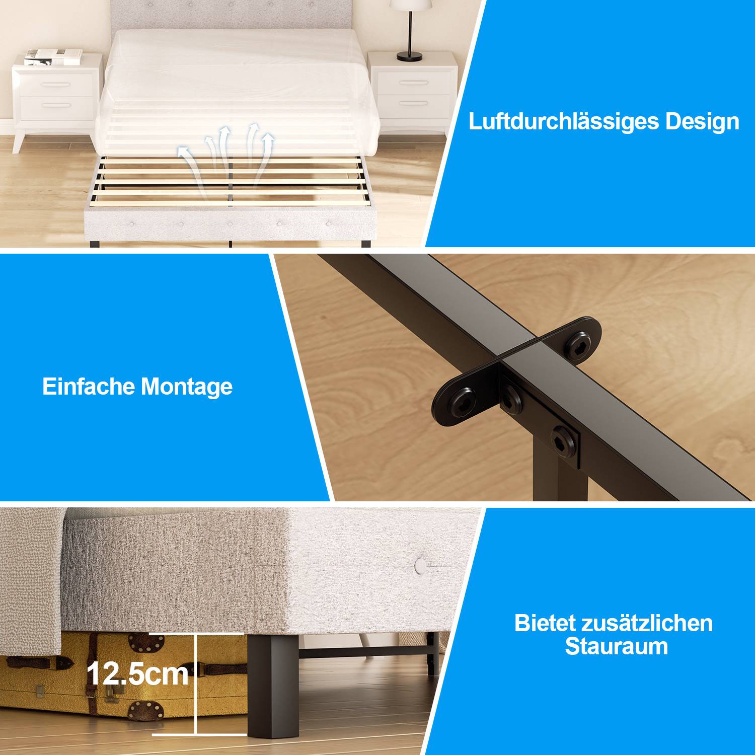Das Bild zeigt einen Bettrahmen mit Maßangaben und hebt die einfache Montage, das atmungsaktive Design und den zusätzlichen Stauraum von 12,5 cm hervor.