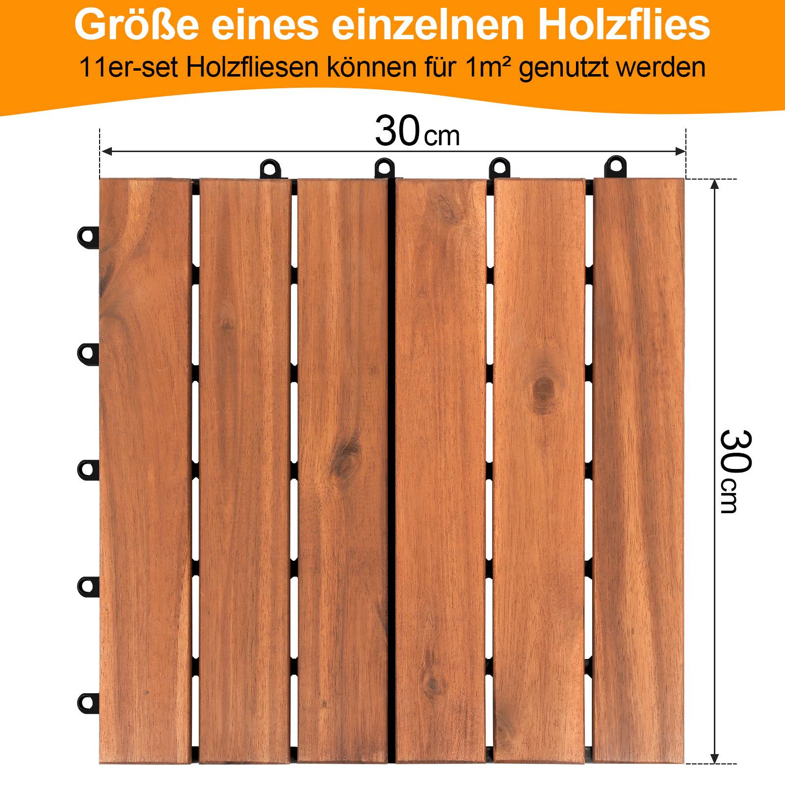 Größe einer einzelnen Holzfliese: 30 cm x 30 cm. Ein Set mit 11 Holzfliesen kann für 1 m² verwendet werden.