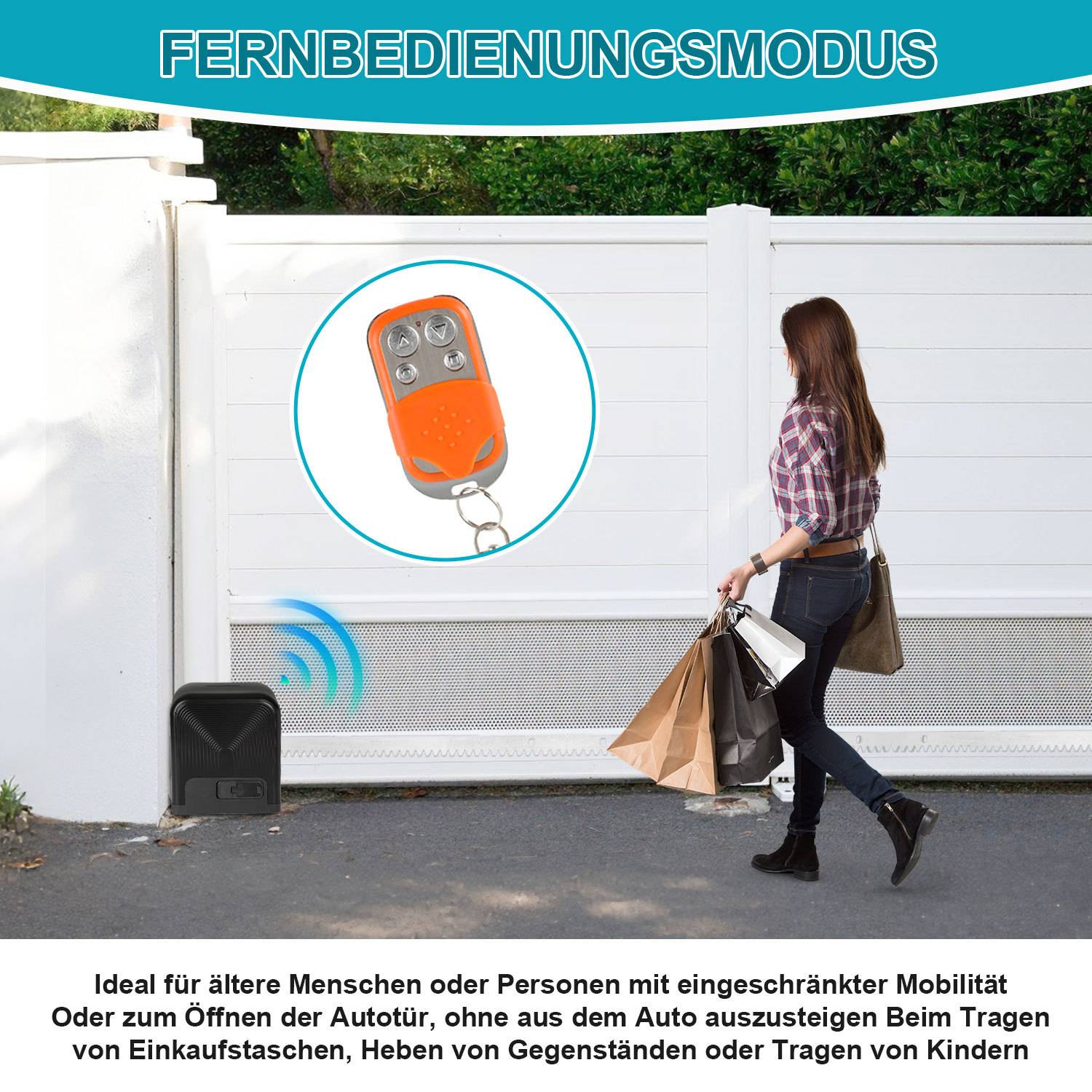 Drahtlose Fernöffnung für ein Einfahrtstor, zeigt eine Frau, die sich einem Tor nähert, und ein Symbol für eine Fernbedienung; der Text besagt, dass es sich für ältere Menschen oder Personen mit eingeschränkter Mobilität eignet.