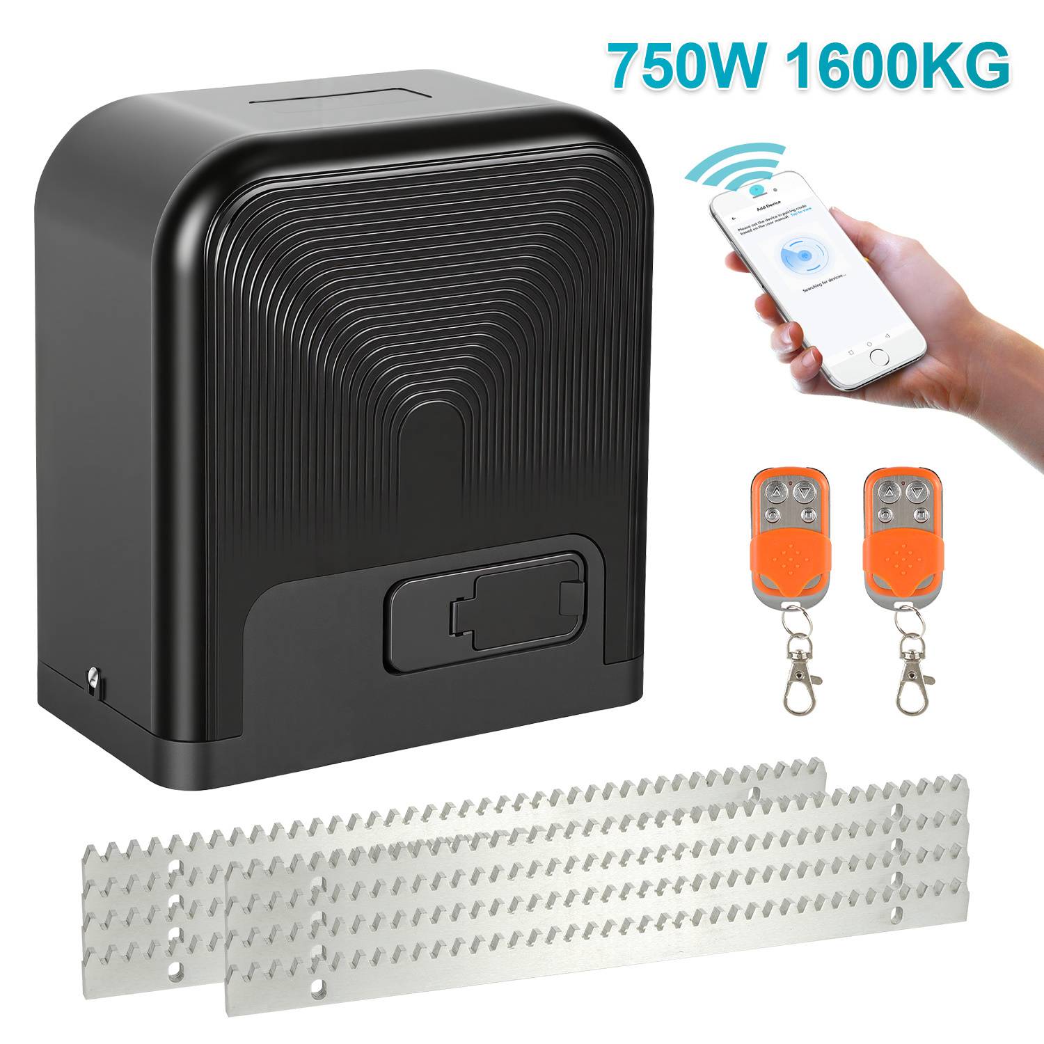 Automatischer Schiebetormotor, schwarz, mit Schlüsselfunktionen wie 750W Leistung und 1600 kg Tragfähigkeit. Inklusive Fernbedienungen und einer Smartphone-App.