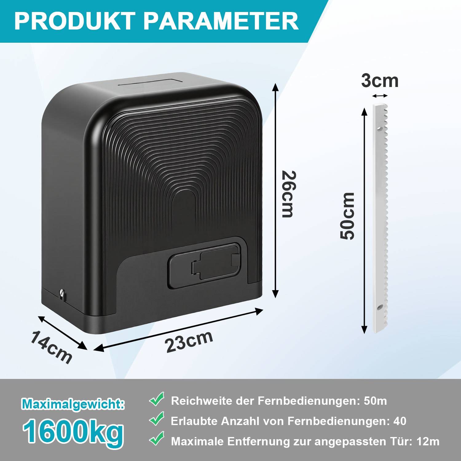 Produktparameter-Infografik mit einer schwarzen automatischen Toröffner-Einheit und Zahnstange, mit Abmessungen 23 cm breit, 14 cm tief, 26 cm hoch; Zahnstange 50 cm lang und 3 cm breit; maximales Gewicht 1600 kg, Fernbedienungsreichweite 50 m, bis zu 40 Fernbedienungen, maximale Torentfernung 12 m.