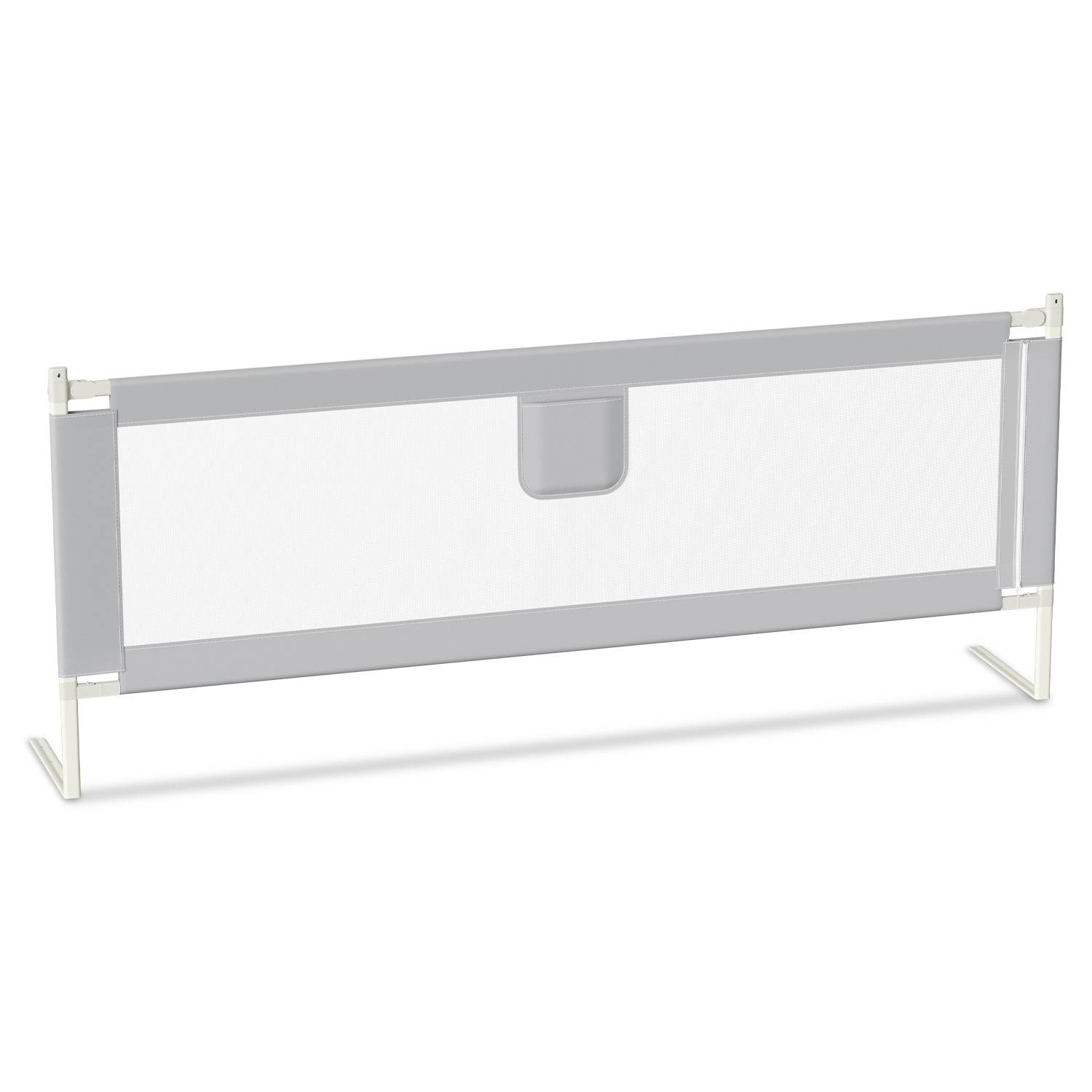 Eine graue Bettschutzschiene mit Netzpanel, die für Sicherheit konzipiert ist und eine Tasche in der Mitte aufweist, gestützt von zwei senkrecht zueinander stehenden Metallbeinen.