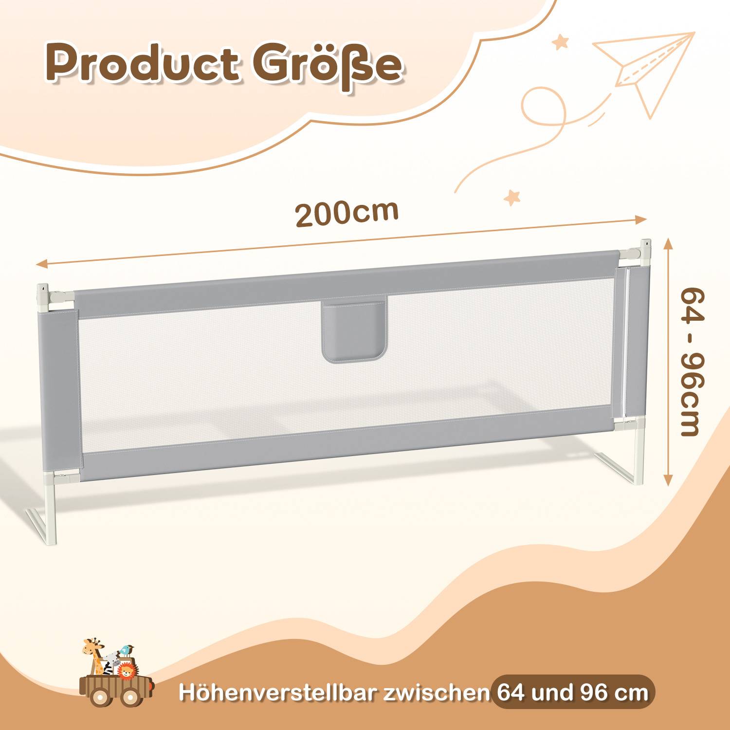 Babybettgitter-Sicherheitsillustration mit verstellbarem Höhenbereich von 64-96 cm und einer Länge von 200 cm, dargestellt in einem leichten, dekorativen Stil.