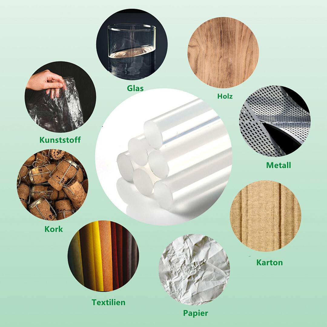 Bild, das verschiedene Materialien zeigt: Glas, Holz, Metall, Kunststoff, Kork, Karton, Textilien, Papier. Zentraler Fokus auf zylindrischen Röhren.