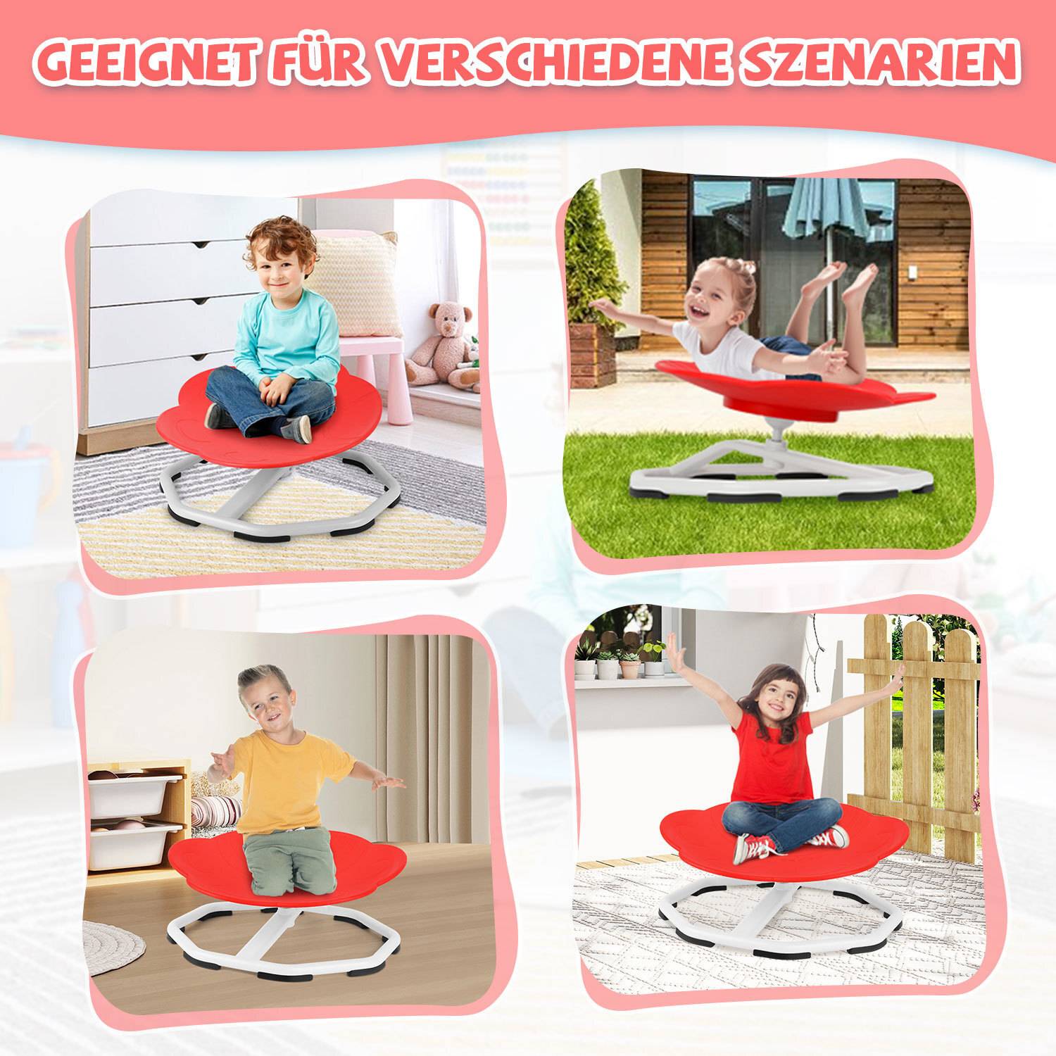 Kinder sitzen und spielen auf einem roten, kreisförmigen Drehteil in verschiedenen Innen- und Außenbereichen. Text oben liest sich: 