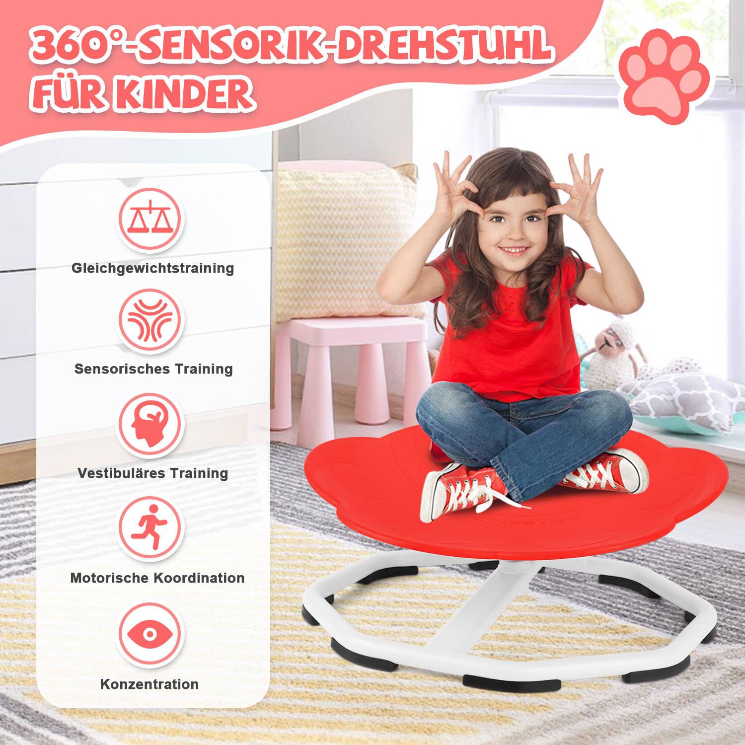 Ein Kind sitzt auf einem roten, pfottenförmigen 360-Grad-Sensorik-Drehstuhl für Kinder. Zu den Funktionen gehören Gleichgewicht, Sensorik, vestibulares Training, motorische Koordination und Konzentrationsfähigkeiten.