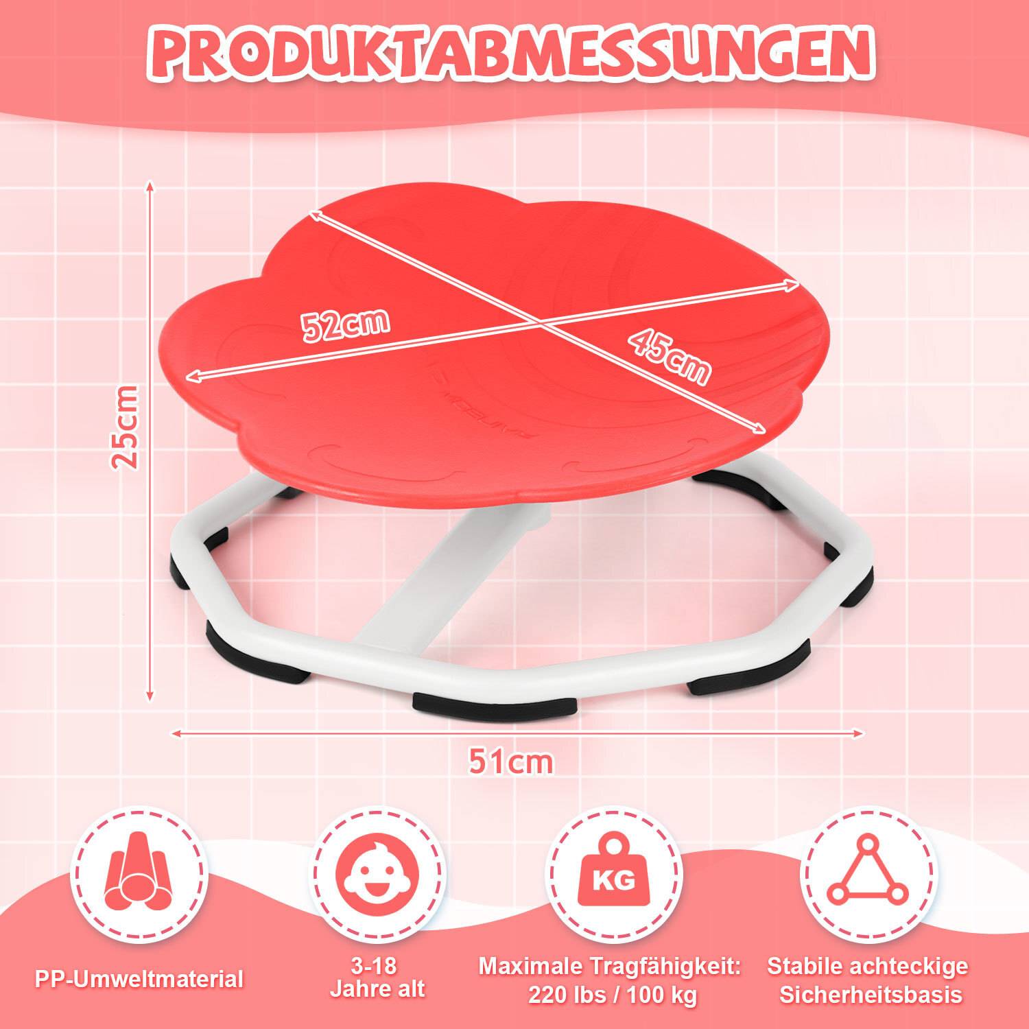 Rote blumenförmige Sitzgelegenheit auf weißer Achteckbasis, misst 52 cm x 25 cm. Merkmale umfassen PP-Material, geeignet für Kinder ab 3 Jahren, Tragfähigkeit von 100 kg.