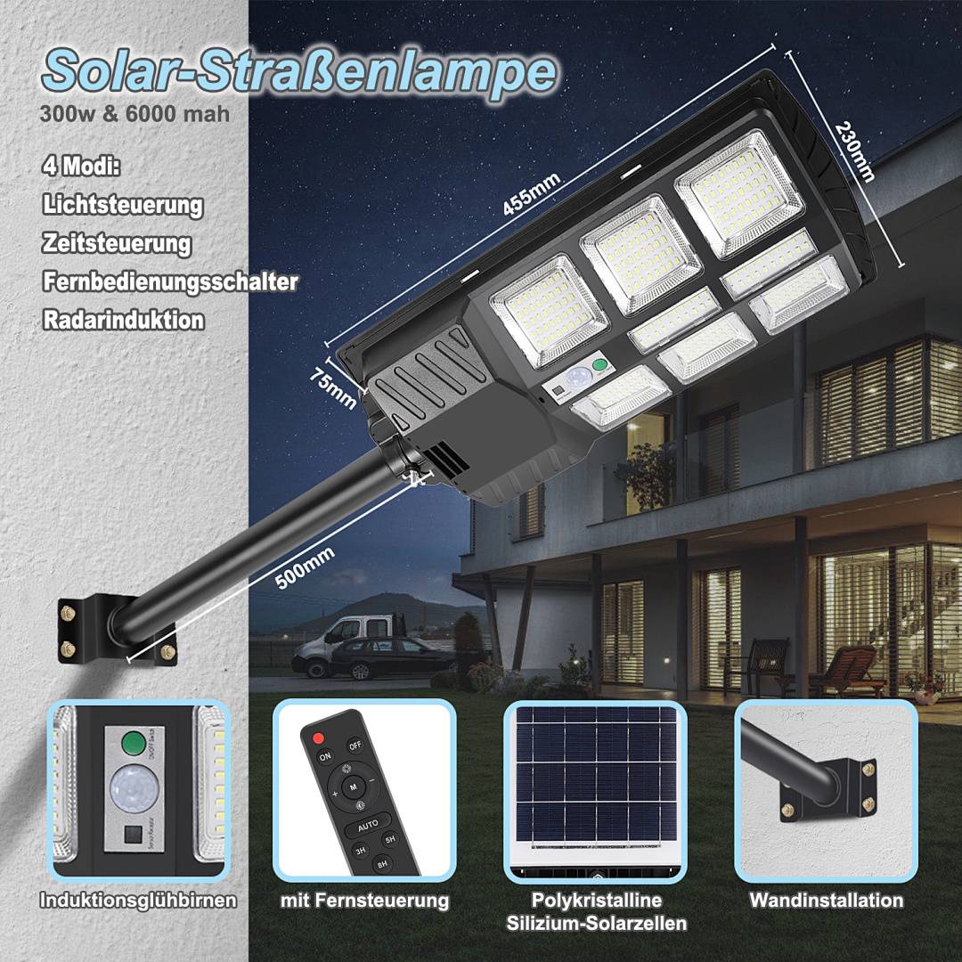 Solarstraßenlampe mit Fernbedienung, 300W & 6000 mAh, Radarerkennung, einstellbaren Modi, Lichtsteuerung und Zeiteinstellung.
