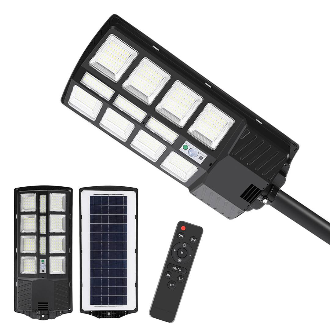 LED-Solarstraßenlaterne mit einem Ladepanel und einer Fernbedienung. Verfügt über einen Bewegungssensor für automatischen Betrieb, aus drei Blickwinkeln dargestellt.