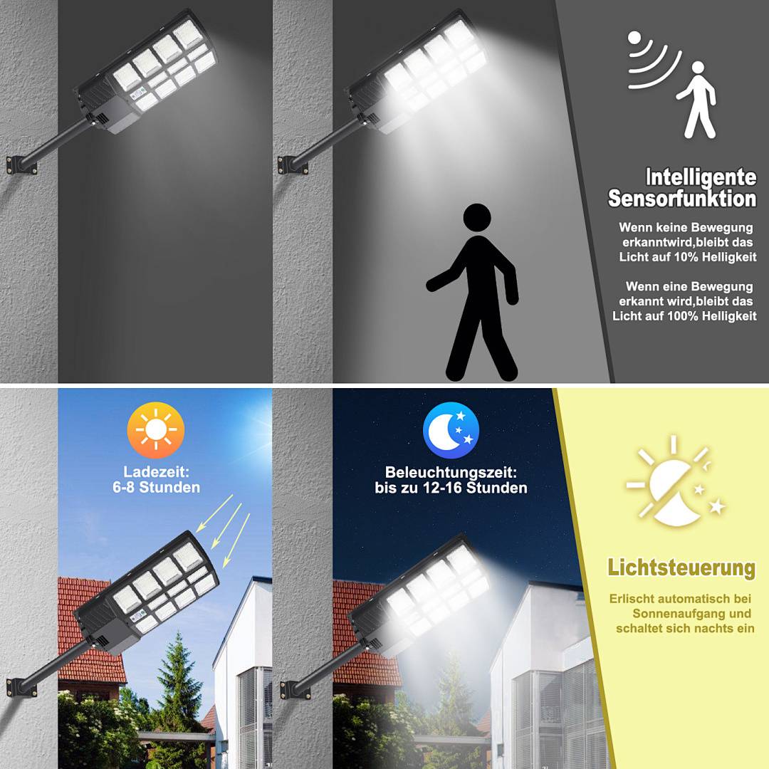 Intelligente Sensorfunktion: Licht bei Bewegung, 100% Helligkeit. Unten: Solarlampe, Ladezeit 6-8 Std., Leuchtdauer 12-16 Std.