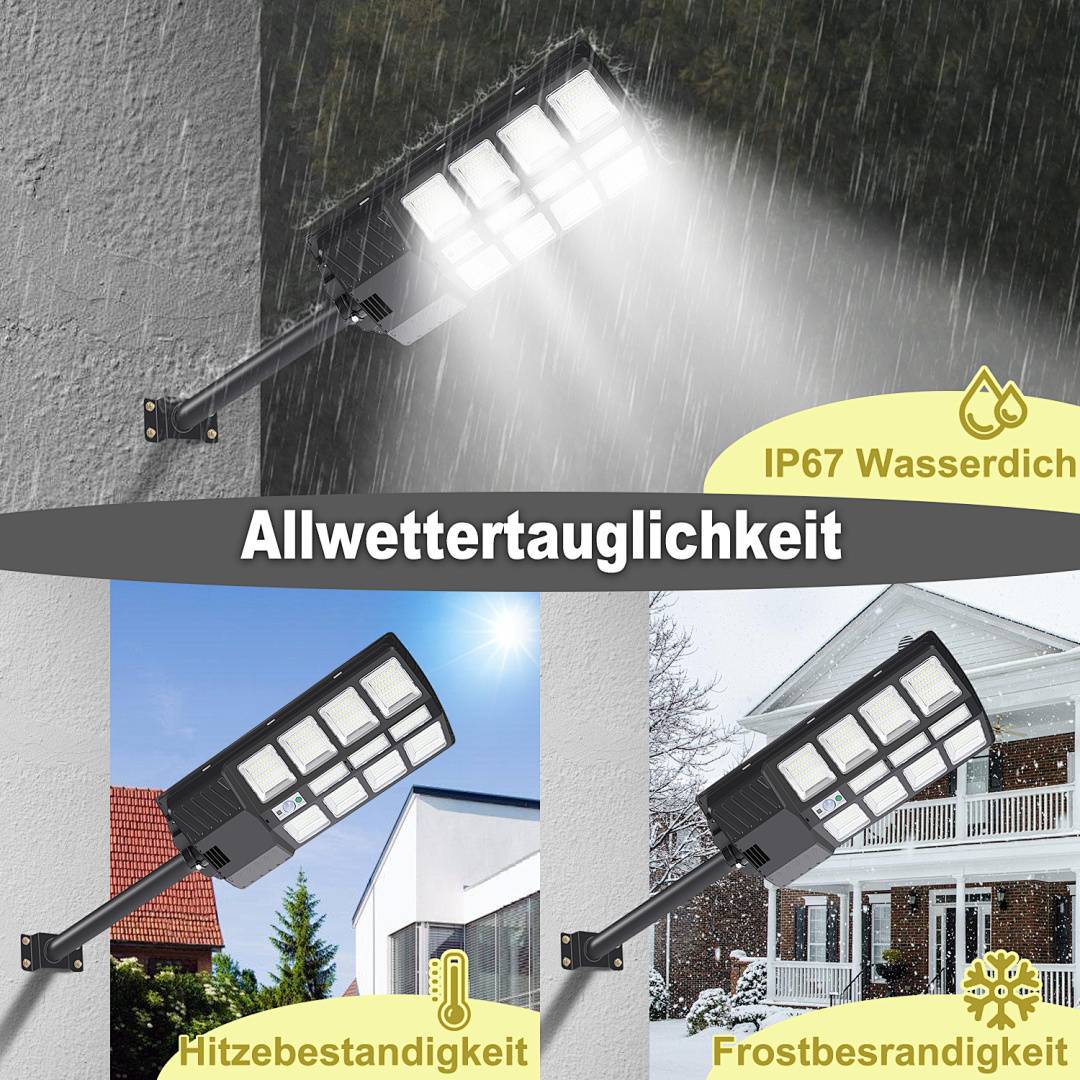 Das Bild zeigt drei Solarleuchten, die Eigenschaften demonstrieren: „Wasserdicht bei Regen