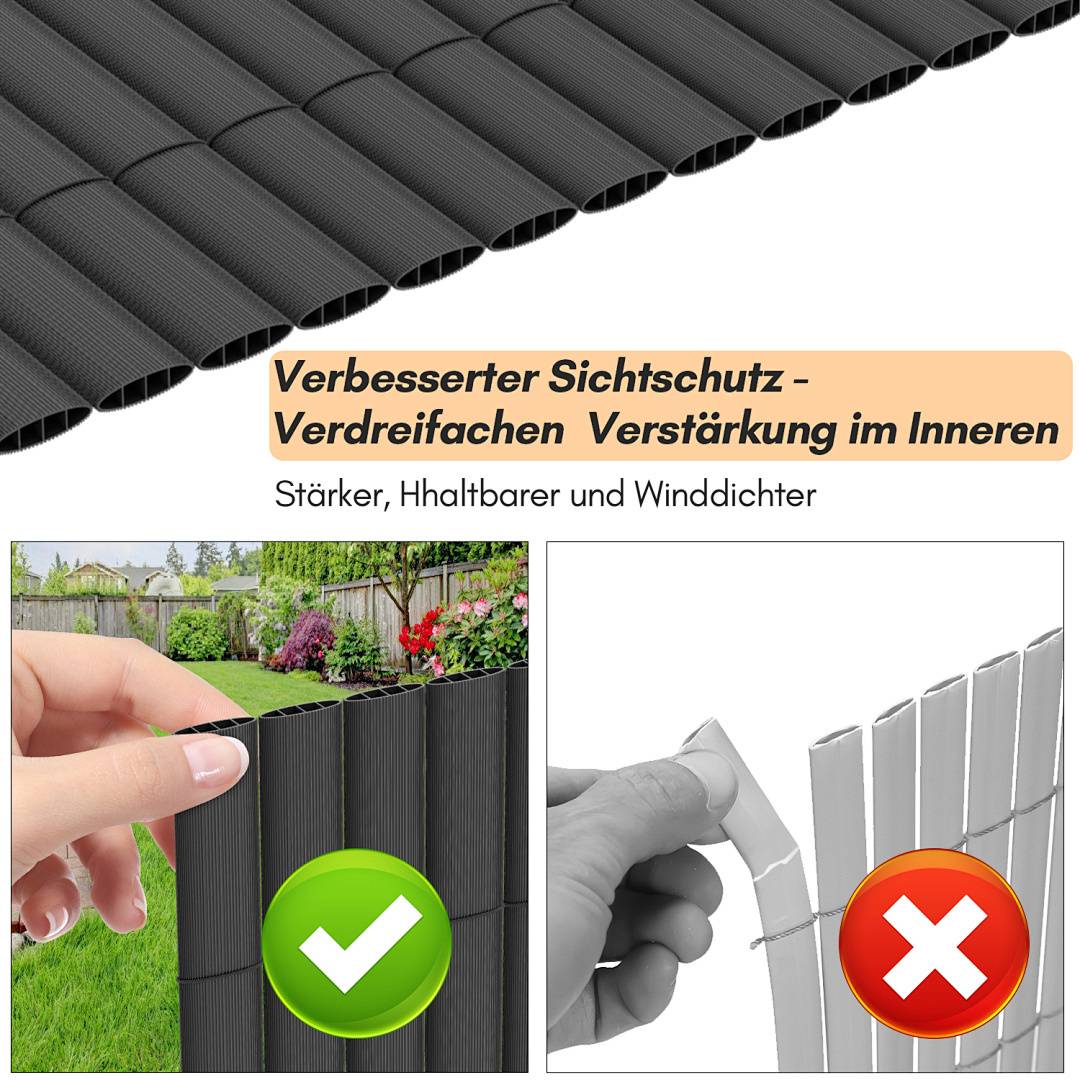 Das Bild zeigt einen schwarzen Sichtschutzzaun mit einem Vorher-Nachher-Vergleich. Eine Seite demonstriert Haltbarkeit mit einem grünen Häkchen, die andere Seite zeigt Schäden mit einem roten Kreuz. Der Text in deutscher Sprache betont die Vorteile in Bezug auf Stabilität und Sichtbarkeit.