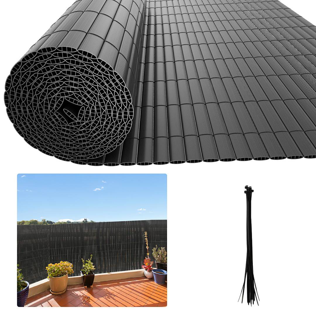 Eine Rolle schwarzer Gartenzaun, teilweise ausgerollt, mit einem Foto, das ihn auf einem Balkon installiert zeigt, und mehreren Plastikbindern daneben.