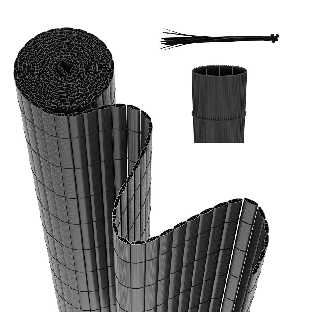 Schwarzer, ausziehbarer Gartenzaun-Maschendraht in Rollenform mit passenden Kabelbindern zum Befestigen des Zauns.